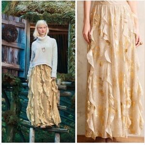 Anthropologie Moulinette Soeurs Fallen Star Gold Ruffle Maxi Skirt Size 6 NWT